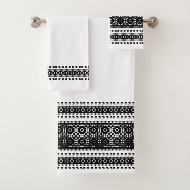 Black Elegant Border Geometric Pattern Modern  Bath Towel Set (Insitu)