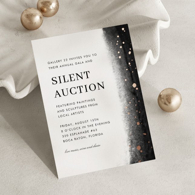 Black Elegant Brush Stroke Gala & Silent Auction (black, white and gold foil elegant gala night and silent auction invitation)