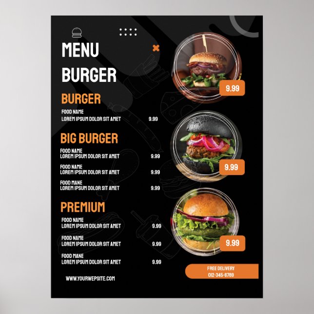 Black Elegant Burger Restaurant Menu Invitation Poster (Front)