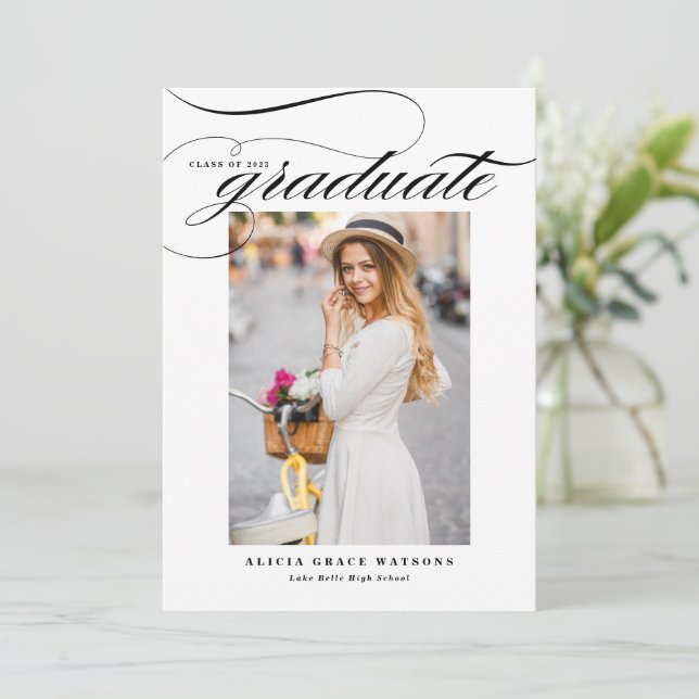 Black Elegant Calligraphy Photo Graduation Announcement (Standing Front)