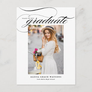 Black Elegant Calligraphy Photo Graduation Announcement Postcard