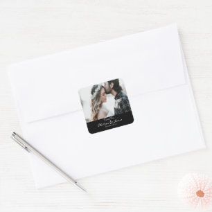 Black Elegant Calligraphy Photo Wedding Thank You Square Sticker