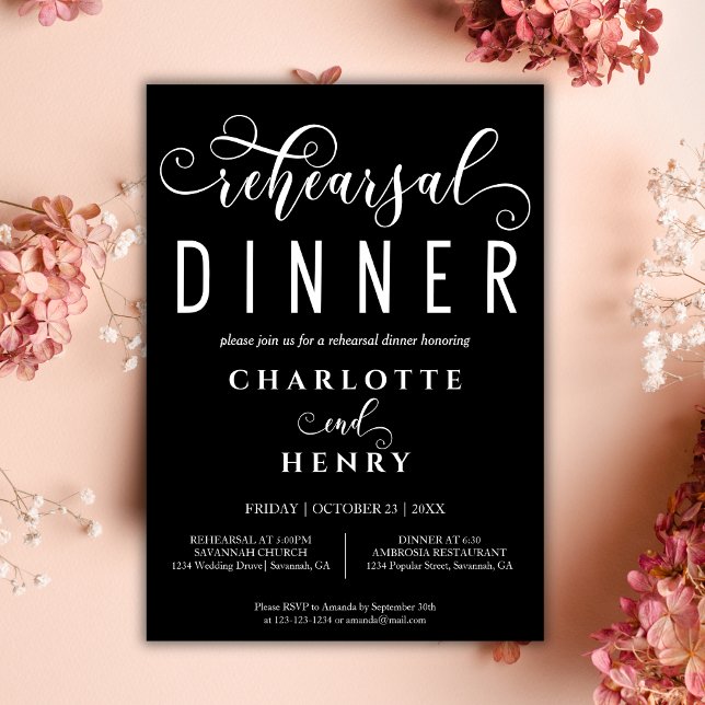 Black Elegant Calligraphy Wedding Rehearsal Dinner Invitation (Creator Uploaded)