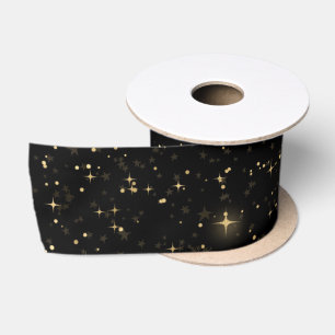 Black Elegant Celestial Starry Gold Stars Design Satin Ribbon