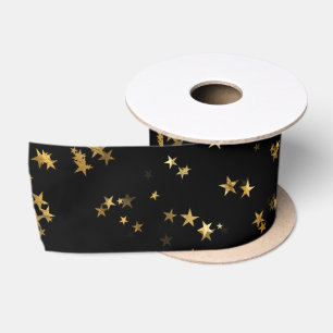 Black Elegant Celestial Starry Gold Stars Design Satin Ribbon
