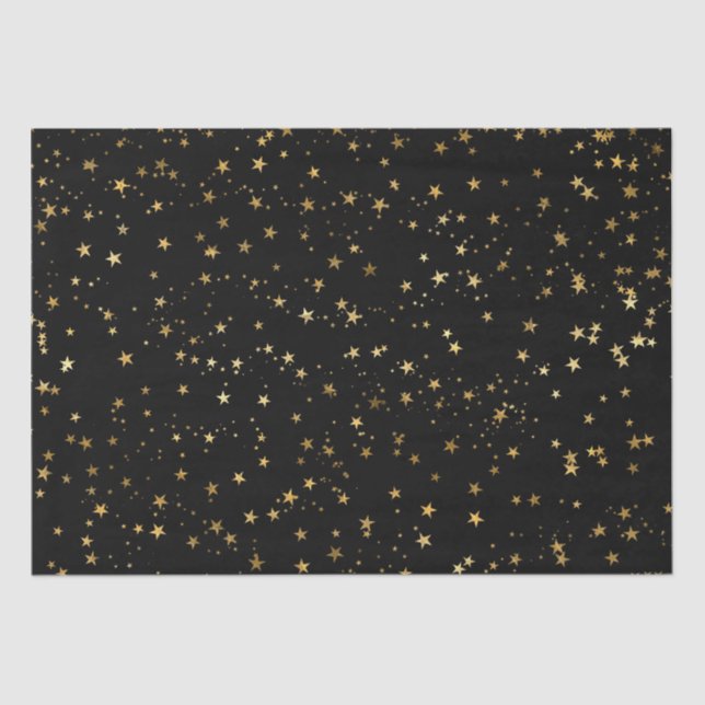 Black Elegant Celestial Starry Gold Stars Design Tissue Paper (Front)