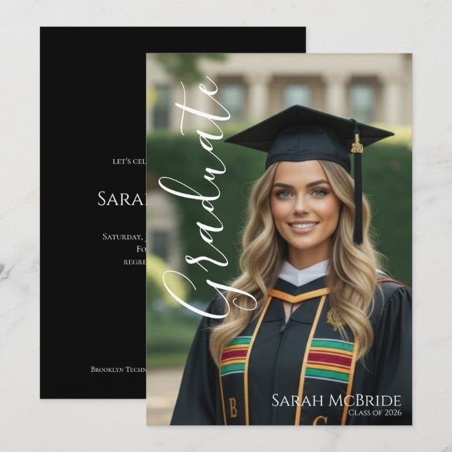 Black Elegant Classic One Photo Graduation Invitation (Front/Back)