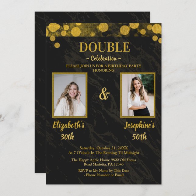 Black elegant  double joint birthday 2 PHOTO Invitation (Front/Back)