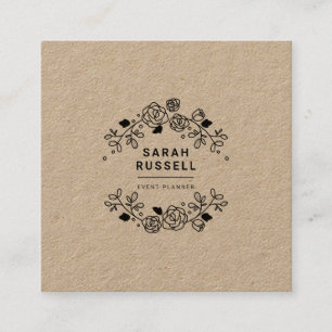 Black elegant floral frame kraft event planner square business card