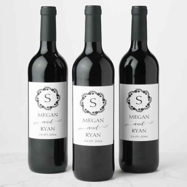 Black Elegant Floral Frame Monogram Heart  Wine La Label (Bottles)