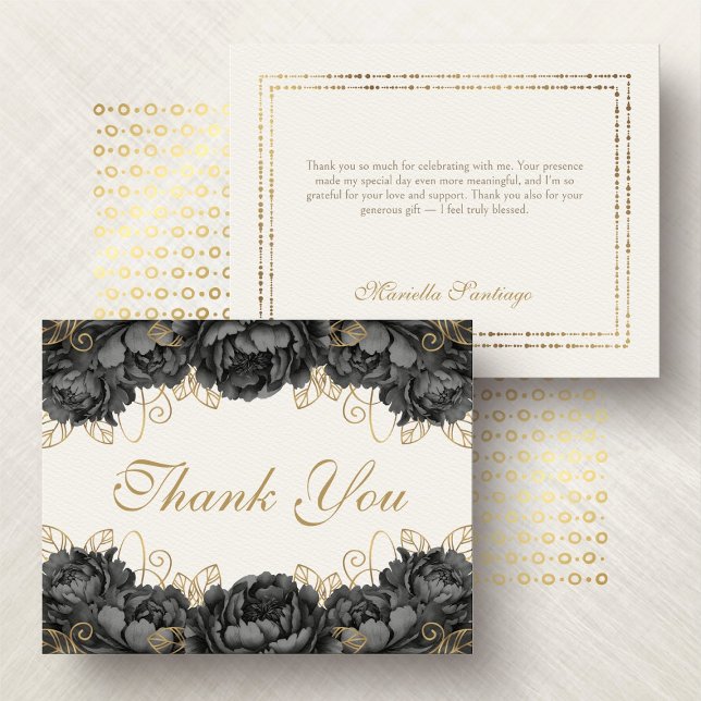 Black Elegant Floral Quinceanera Thank You Card (Creator Uploaded)