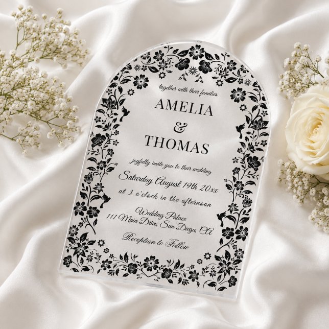 Black Elegant Floral Wedding  Acrylic Invitations (Creator Uploaded)