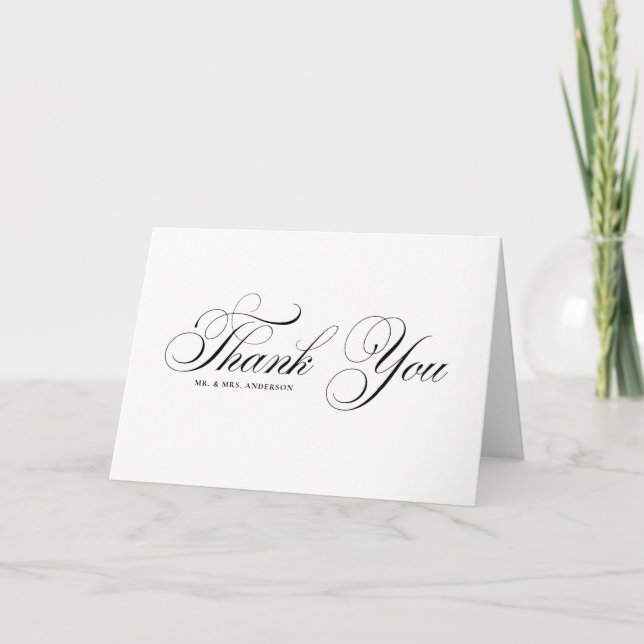 Black Elegant Flourish Script Wedding Thank You Card (Front)
