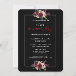 Black elegant flowers 50th wedding anniversary  invitation