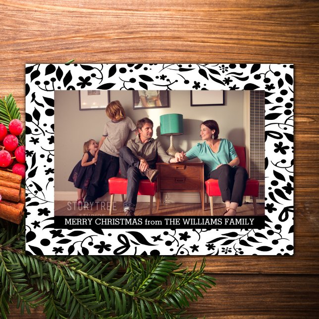 Black Elegant Foliage Holiday Photo Flat Card (Black Elegant Foliage Holiday Photo Card)