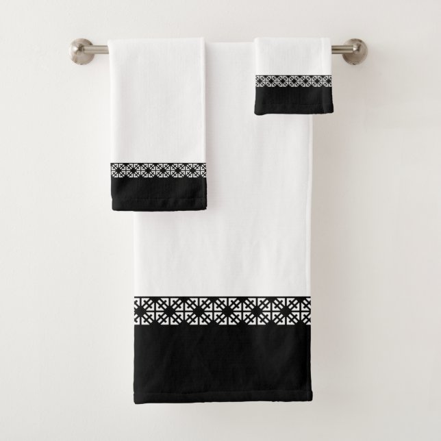 Black Elegant Geometric Border on White  Bath Towel Set (Insitu)