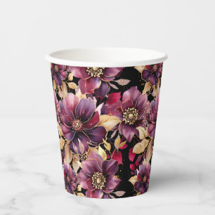 Black Elegant Gold Burgundy Floral pattern Paper Cups