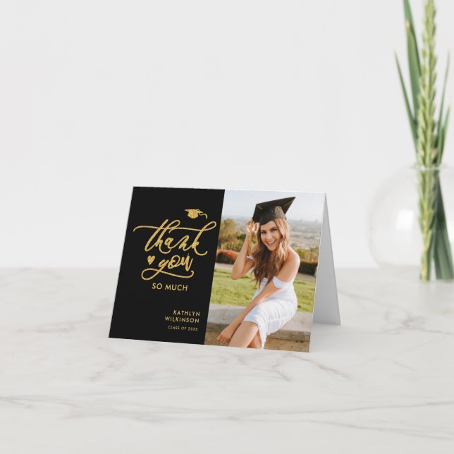 Black Elegant Gold Glitter Script Photo Graduation Thank You Card (Front)