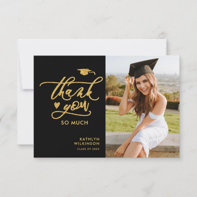 Black Elegant Gold Script Graduation Thank You Invitation (Front)