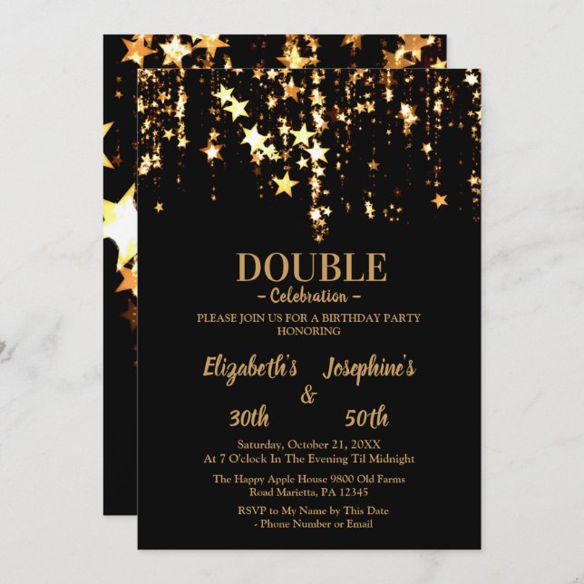 Black elegant & gold stars double joint birthday invitation (Front/Back)