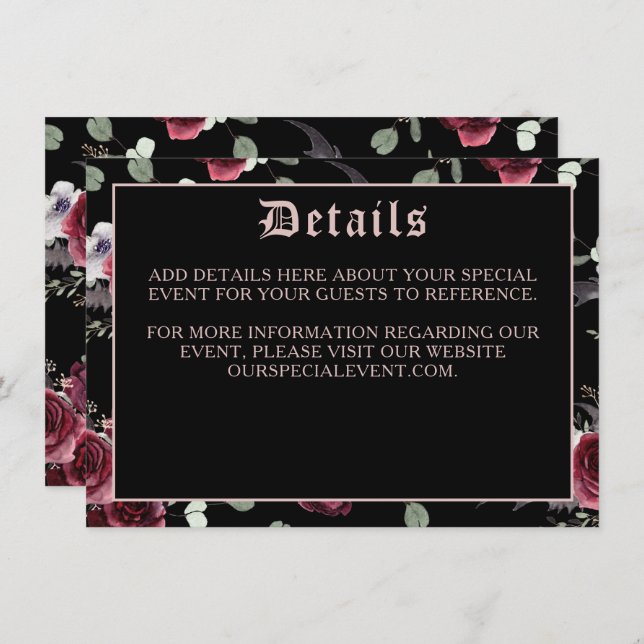 Black Elegant Gothic Bat and Rose Enclosure Card (Front/Back)