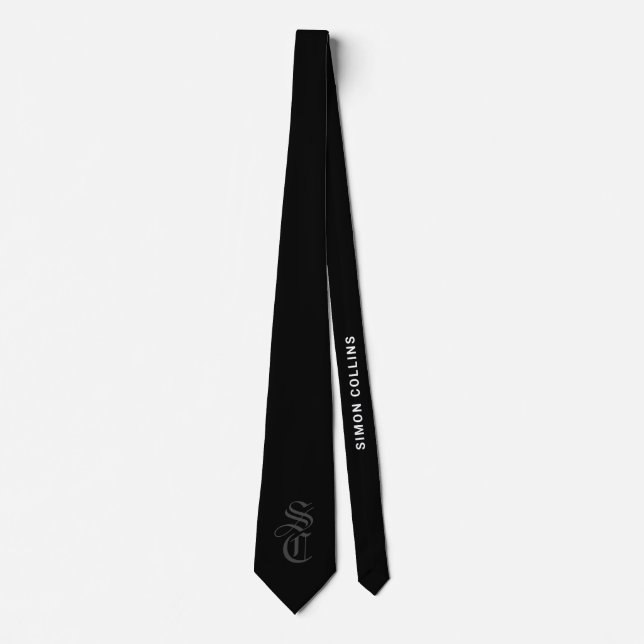 Black Elegant Gothic Monogram Name Mediaeval Typo Tie (Front)