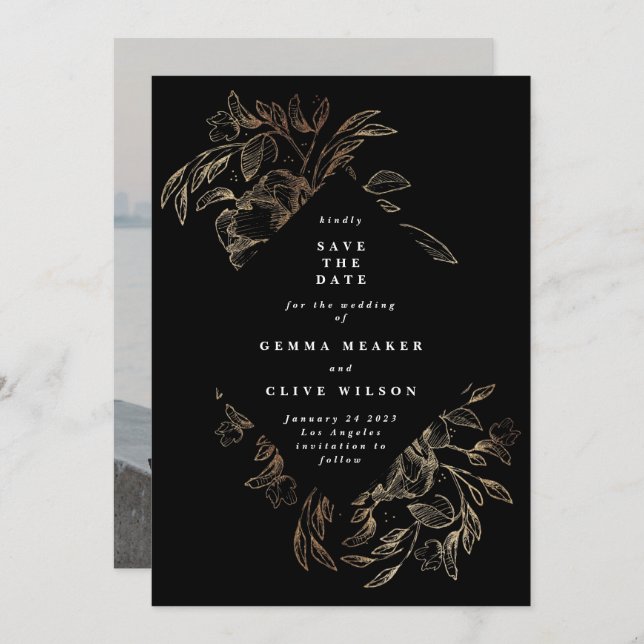 Black Elegant Hand Drawn Botanical Wedding Photo Save The Date (Front/Back)