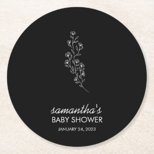 Black Elegant Handdrawn Sketch Flower Round Paper Coaster