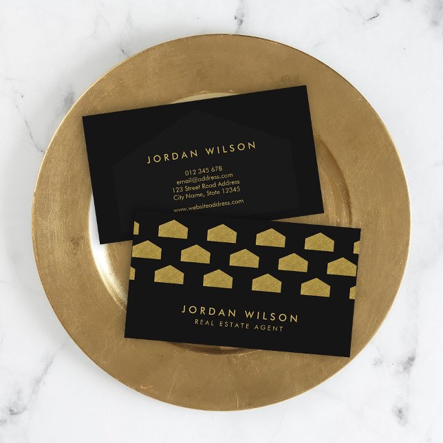 Black Elegant House Pattern Real Estate Agent Business Card (Creator Uploaded)