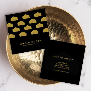 Black Elegant House Pattern Real Estate Square Business Card