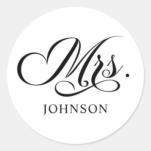 Black Elegant Lettering Mrs. NAME Classic Round Sticker (Front)