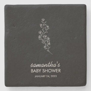 Black Elegant Line Art Flower Stone Coaster