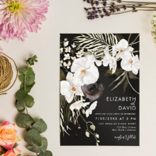 Black Elegant Luxury Floral Orchid Wedding  Invitation