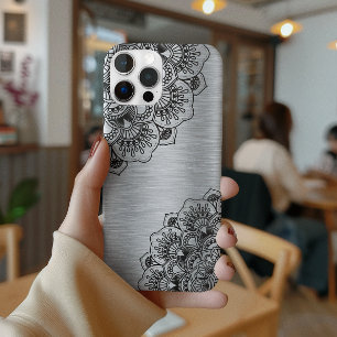Black elegant mandala with silver metallic back iPhone 15 pro case