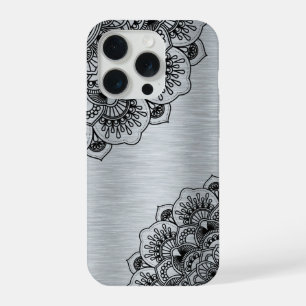 Black elegant mandala with silver metallic back iPhone 15 pro case