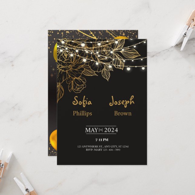  Black Elegant Minimalist Wedding Invitation (Front/Back In Situ)