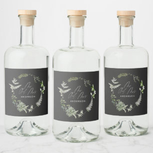 Black elegant modern botanical script wedding  liquor bottle label