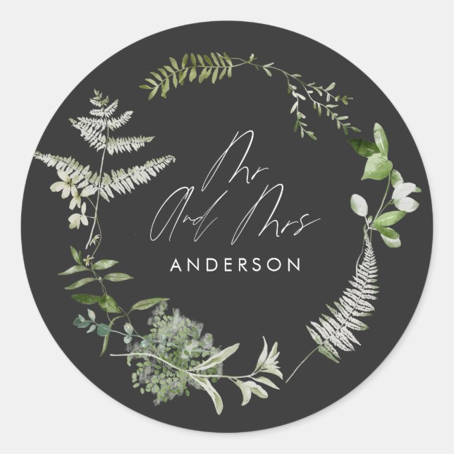 Black elegant modern botanical script wedding pape classic round sticker (Front)
