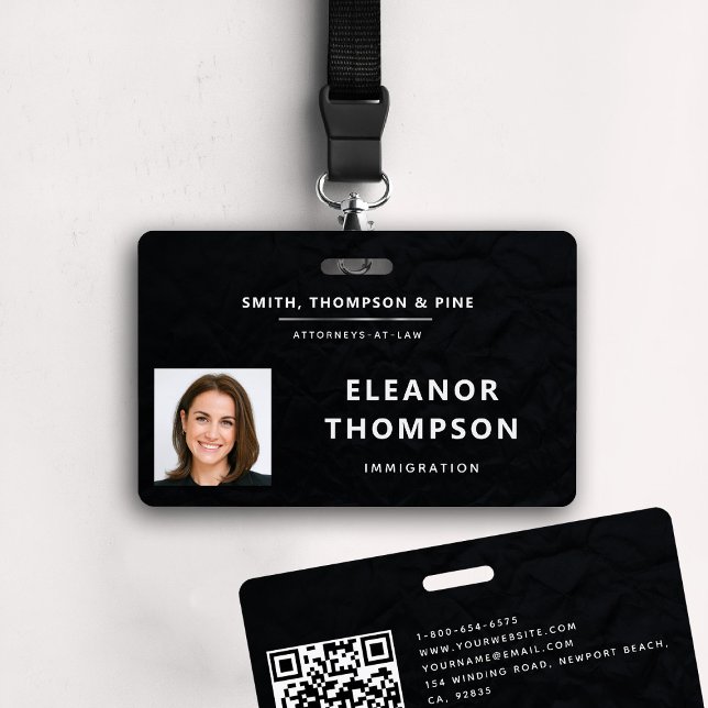 Black Elegant Modern Business Corporate Photo QR ID Badge (business corporate qr photo badge law firm attorney real estate manager paralegal black white)