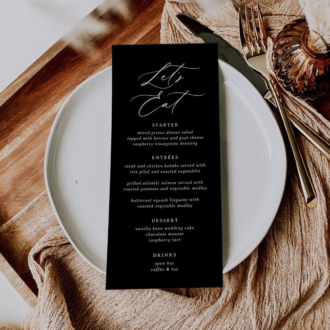 Black Elegant Modern Calligraphy Let's Eat Wedding Menu (Creator Uploaded)