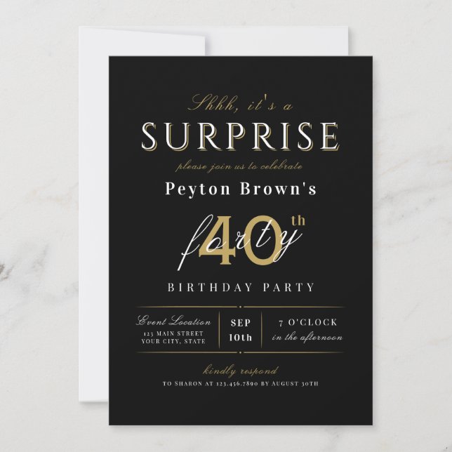 Black elegant modern classy surprise 40th birthday invitation (Front)