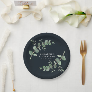 Black elegant modern eucalyptus foliage wedding paper plate