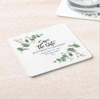 Black elegant modern eucalyptus save the date chic