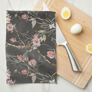 Black Elegant Modern Floral Rose Tea Towel