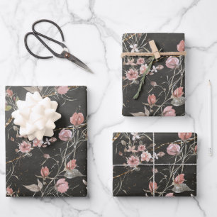 Black Elegant Modern Floral Rose Wrapping Paper Sheet