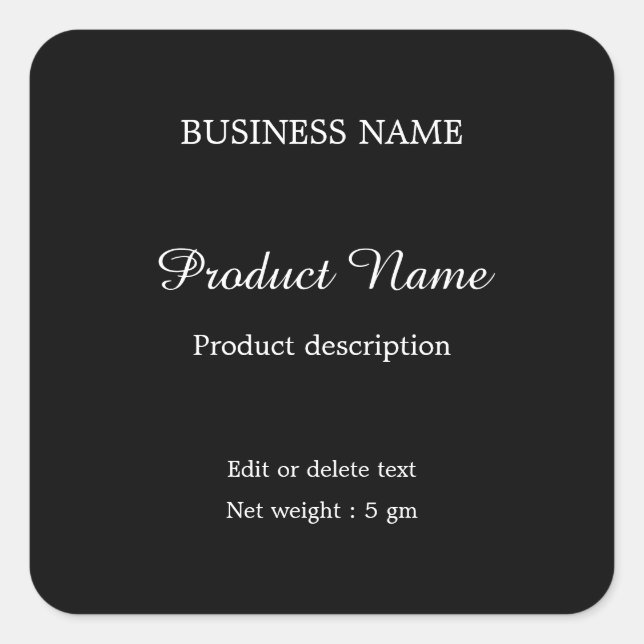 Black Elegant modern minimal square product label (Front)