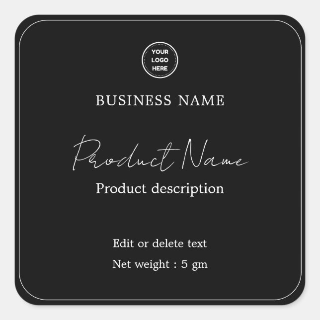 Black Elegant Modern Minimal Square Product Label (Front)
