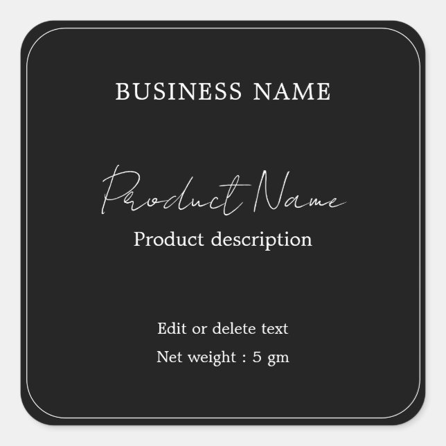 Black Elegant Modern Minimal Square Product Label (Front)