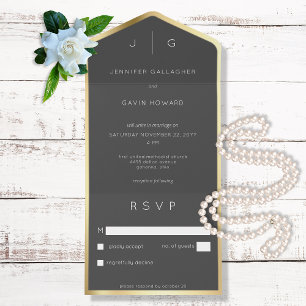 Black Elegant Modern Monogram All In One Invitation