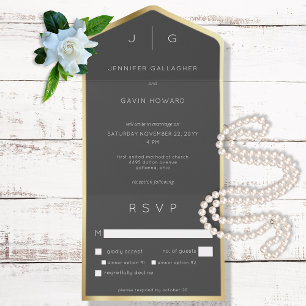 Black Elegant Modern Monogram All In One Invitation